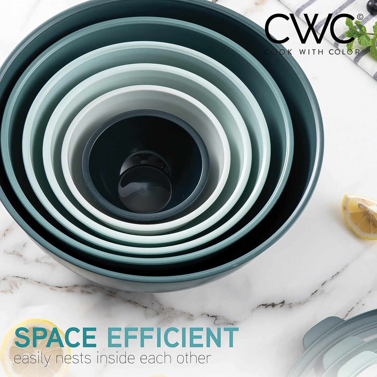 COOK WITH COLOR Mixing Bowls with TPR Lids - 12 Piece Plastic Nesting Bowls Set Includes 6 Prep Bowls and 6 Lids, Microwave Safe Mixing Bowl Set (Green)