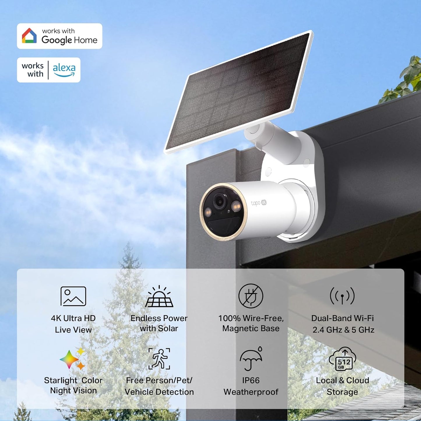 TP-Link Tapo SolarCam 2K, Outdoor Battery Camera w/Solar Panel Base, Wireless Camera, 2K QHD, 150° Super-Wide FOV, Free Person/Vehicle/Pet Detection, SD/Cloud Storage, Starlight Color Night Vision