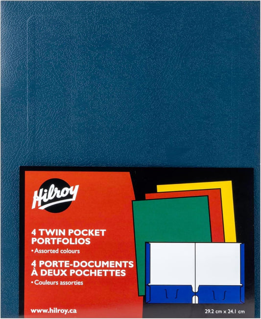 Hilroy Twin Pocket Portfolios, 9.5" x 11.75", 4-Pack, Assorted Colours (06042) - PuriLite