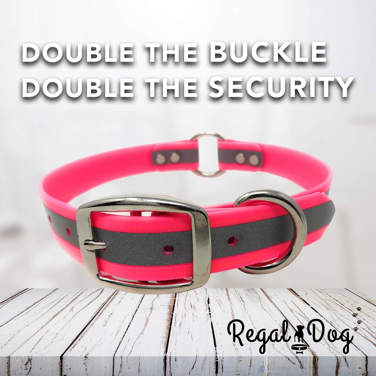 Regal Dog Products Large Pink Heavy Duty Reflective Dog Collar with Center Ring, Metal Buckle and D Ring | Anti-Odor Adjustable Biothane Waterproof Dog Collar | Other Sizes for Small & Medium Dogs
