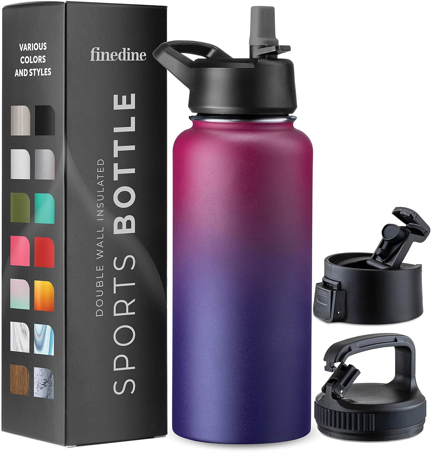 FineDine Water Bottle - Stainless Steel Insulated Water Bottle with Straw Lid, Flip Lid & Wide-Mouth Cap - Keeps Hot and Cold - 25 Oz / 739ml - Pure Pearly White