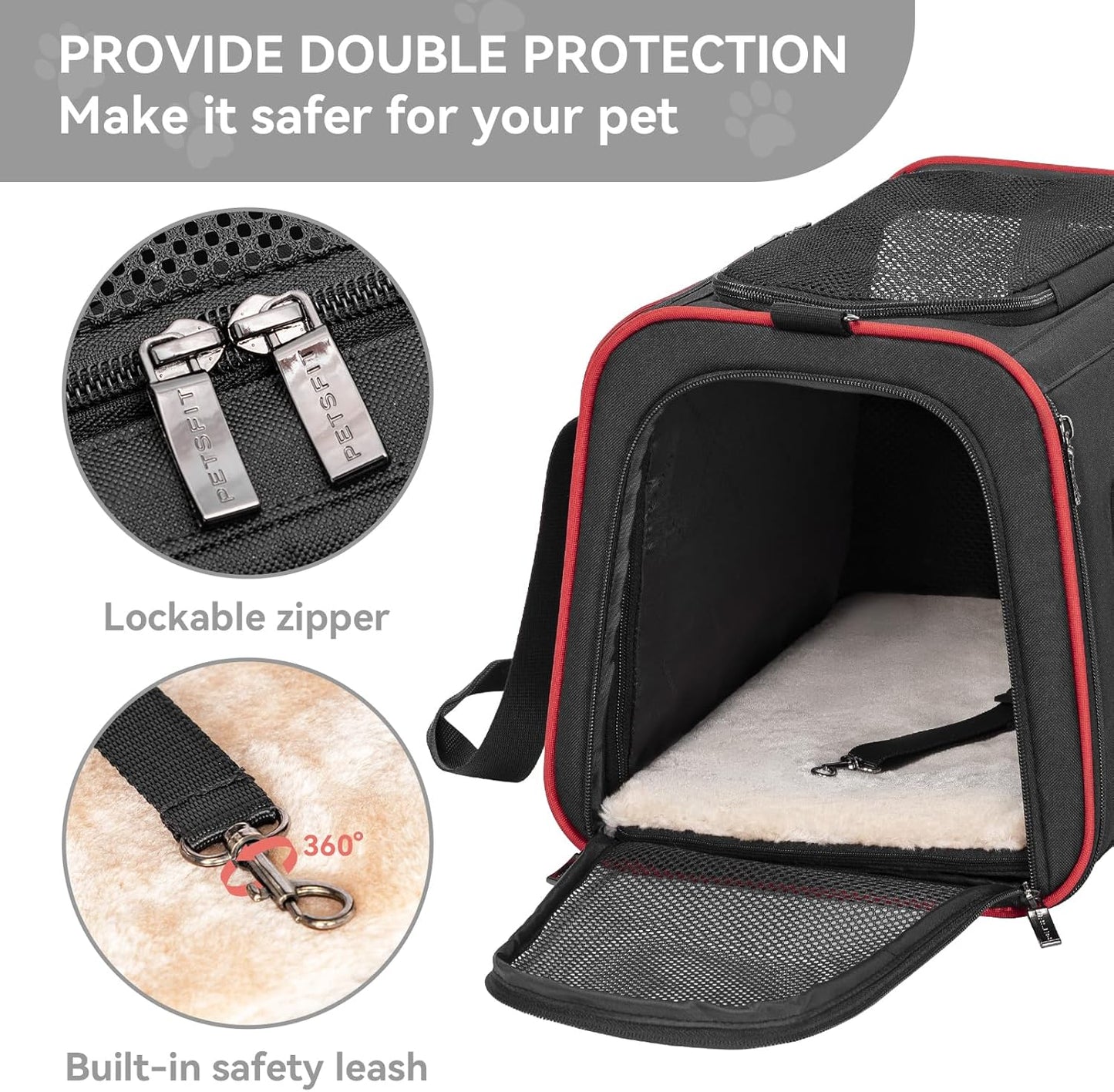 Petsfit Expandable Cat Dog Carrier Airline Approved, 17" L x 11" W x 11" H Soft-Sided Portable Pet Travel Carrier for Kitten, Puppy, Removable Soft Plush Mat and Pockets, Auto-Locking Zippers