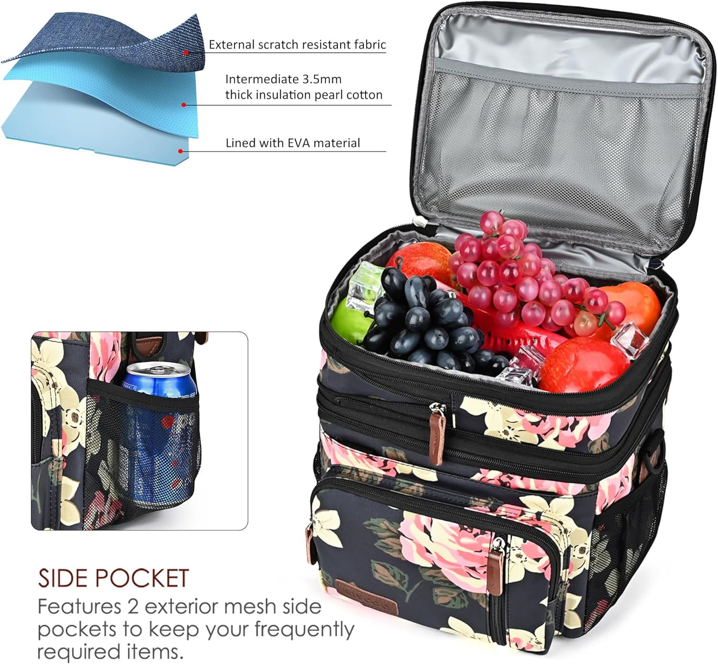 Lunch Bag for Women Men Double Deck Lunch Box - Leakproof Insulated Soft Large Lunch Cooler Bag, MIYCOO (Black,15L)