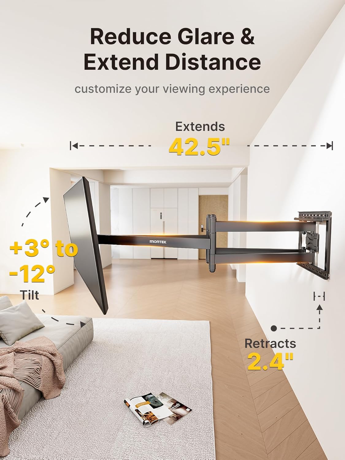 monTEK Long Arm TV Wall Mount for Most 43-90 Inch TVs, 42.5 Inch Long Extension TV Mount Swivel and Tilt, Full Motion Wall Mount TV Bracket Fit Max VESA 800 x 400mm, Up to 132 lbs, 16”,18” Studs