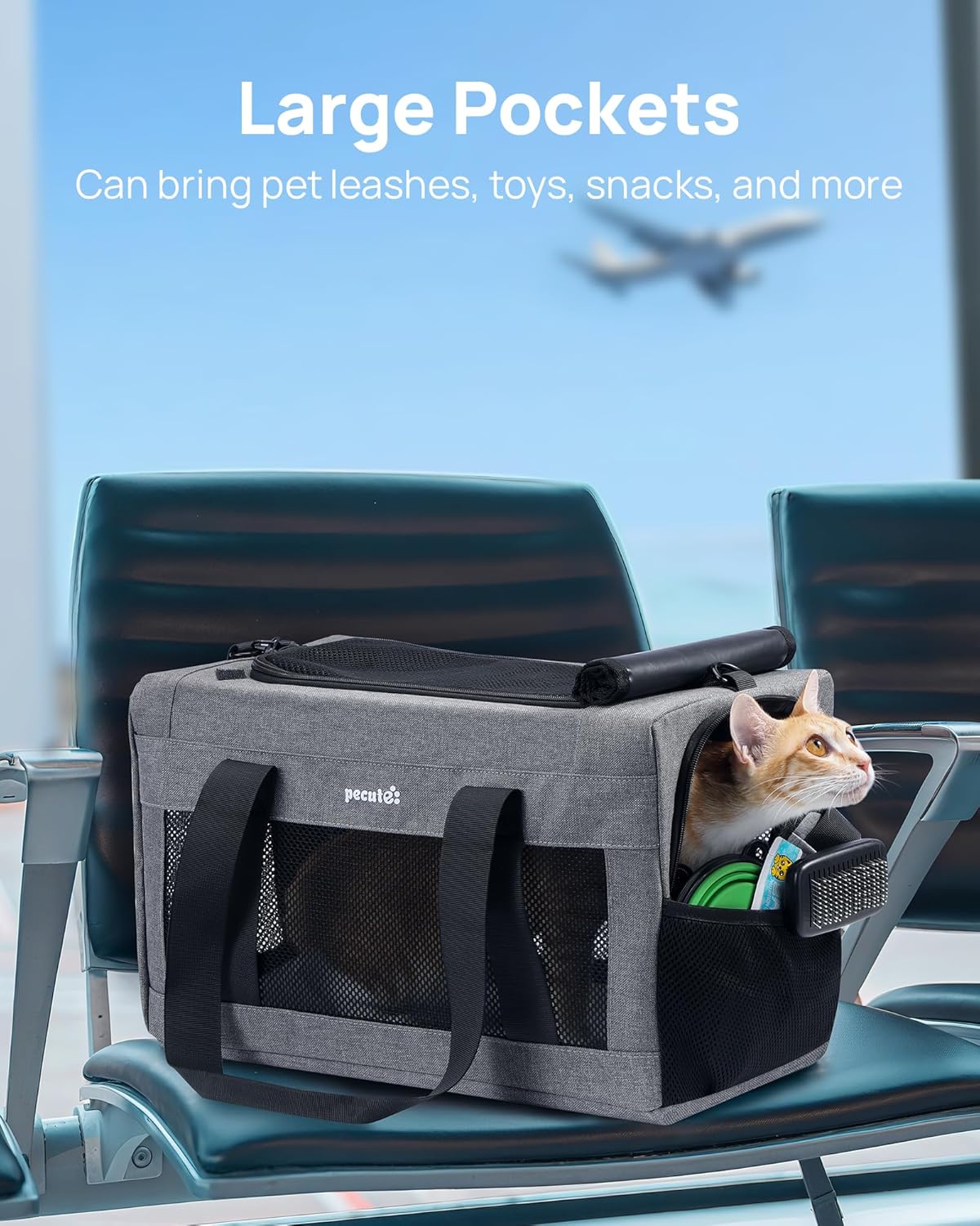 Pecute Cat Carrier Airline Approved, Thickened 5mm Steel Wire Frame, Stable Dog Carrier for Small Dogs, Breathable Foldable Pet Carrier with Sunshade, Suitable for Pets up to 5kg/11lbs (Dark Gray)