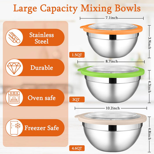 LIANYU Mixing Bowls with Lid Sets of 3, Large & Small Stainless Steel Metal Salad Mixing Bowls, 1.5 & 3 & 4.6QT Sizes for Kitchen Cooking, Baking, Storage, Food Prepping, Serving, Three-Color - PuriLite