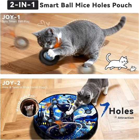 Interactive Cat Toy with Motion Activated Ball & 7-Hole Play Mat, Hide and Seek Exercise Game for Indoor Cats, Automatic Moving Cat Ball in Pouch, Rechargeable Cat Toys(Starry Night)