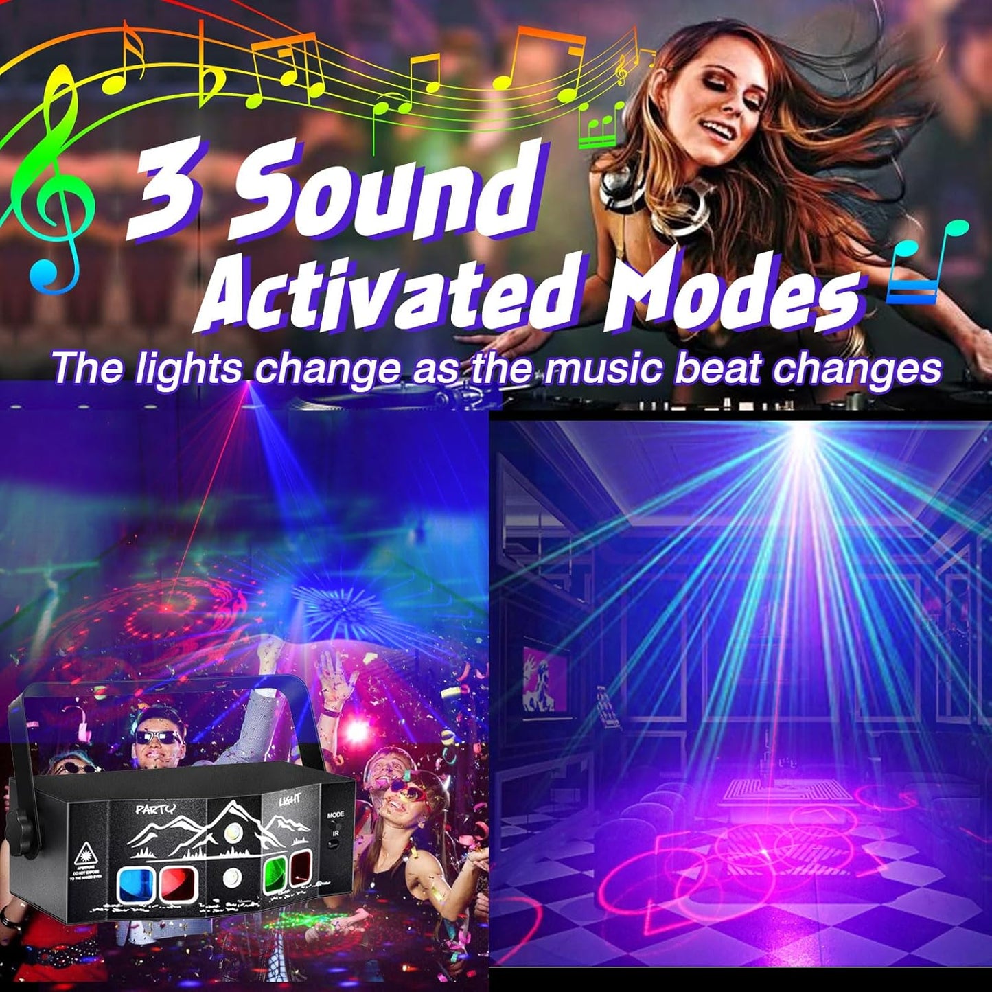 DJ Disco Light, Stage Party Lights, Rechargeable Laser Light Sound Activated RGB Led Flash Strobe Projector with Remote Control for Christmas Karaoke Pub KTV Bar Birthday Wedding