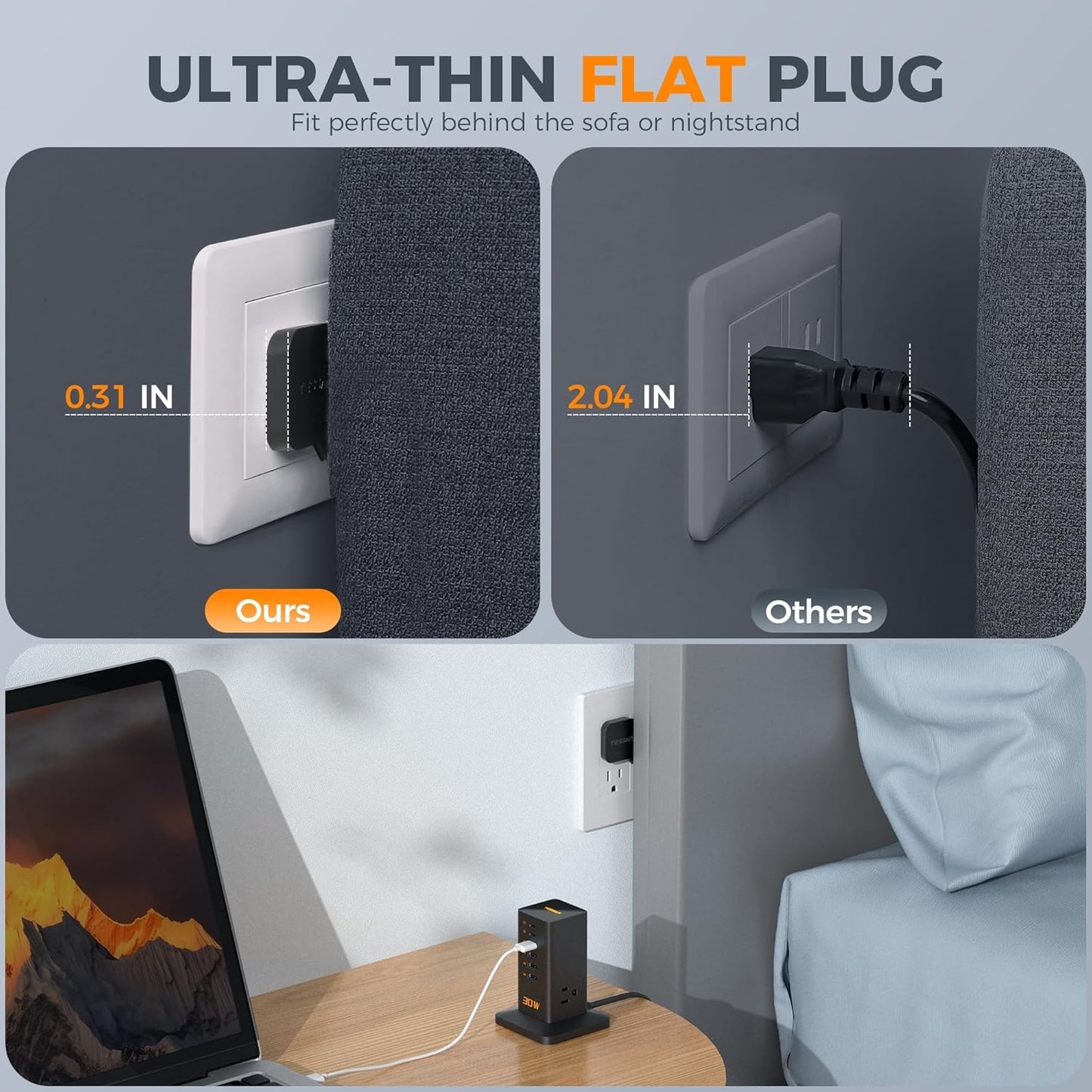 Charging Station, TESSAN 65W Max GaN USB C Charger Block, 6-Ports and 3 AC Outlets Power Tower, Fast Charging for Multiple Devices, Compatible with iPhone, Samsung and More