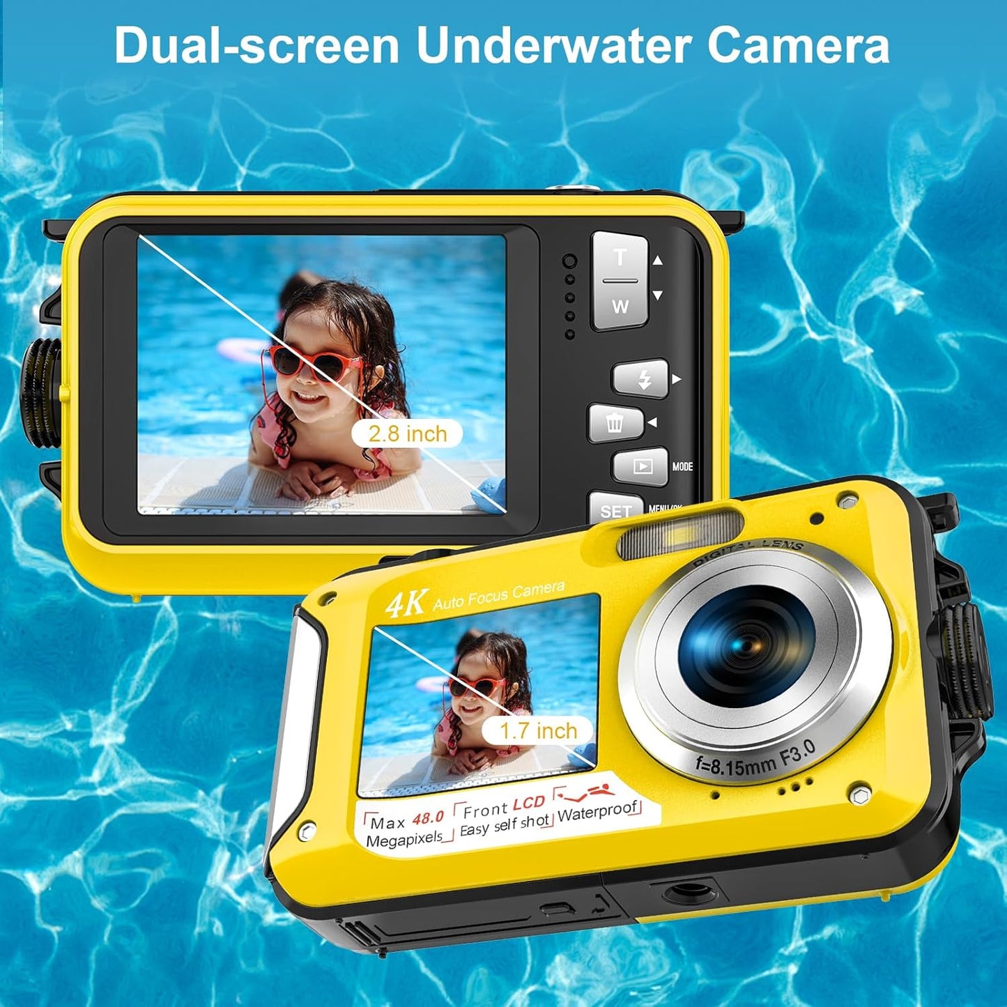 4K Underwater Camera 11FT Waterproof with 32GB Card 56MP Autofocus Selfie Dual-Screen for Snorkeling, Compact Digital Camera 1250mAh Battery (Blue)