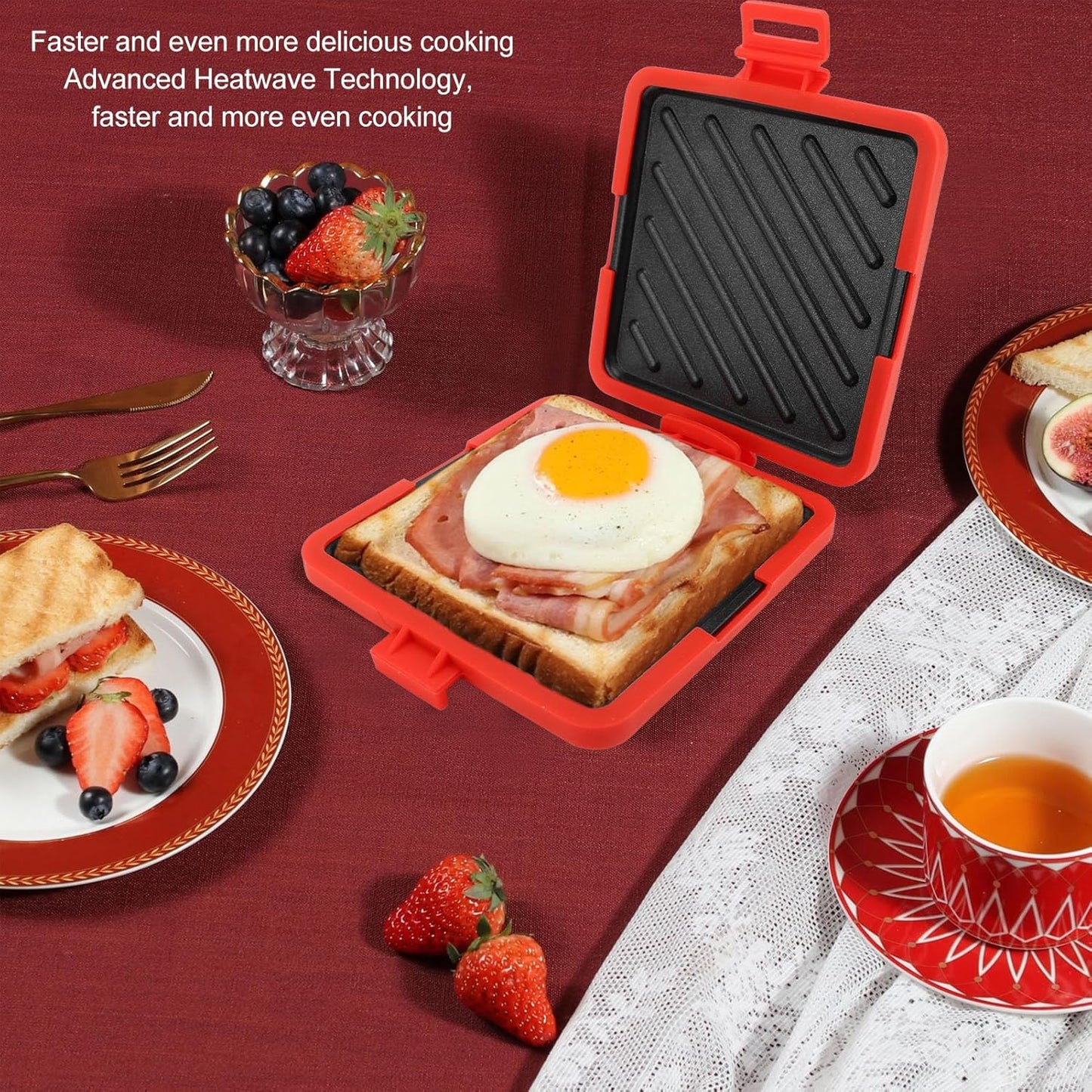 Microwave Toastie Maker, Grilled Cheese Sandwich Maker, Microwavable Toaster with Adjustable Silicone Straps No Electricity Cordless (Red)