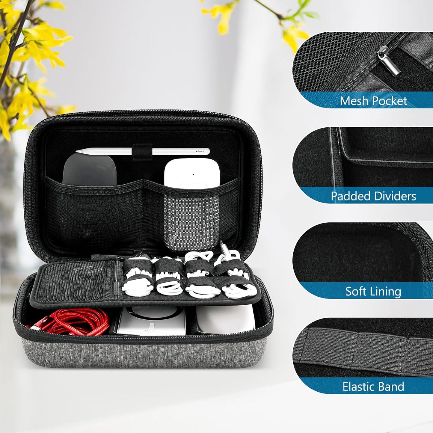 ProCase Hard Travel Electronic Organizer Case for MacBook Power Adapter Chargers Cables Power Bank Apple Magic Mouse Apple Pencil USB Flash Disk SD Card Small Portable Accessories Bag -L, Black