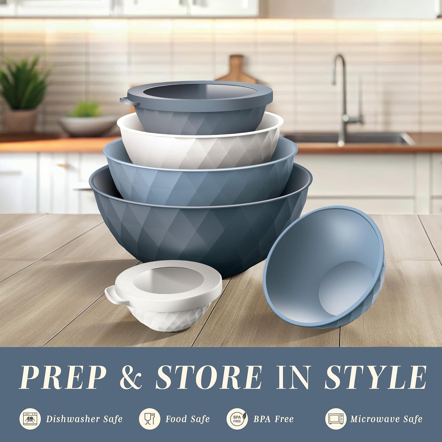 COOK WITH COLOR Mixing Bowls with TPR Lids - 12 Piece Plastic Nesting Bowls Set Includes 6 Prep Bowls and 6 Lids, Microwave Safe Mixing Bowl Set (Green)