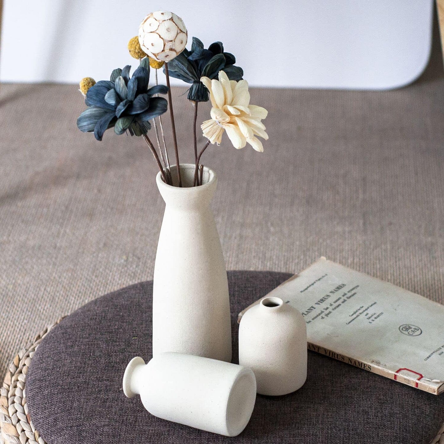 CEMABT White Ceramic vase Set-3 Small Flower vases for Decor,Modern Boho Farmhouse Home Decor,Decorative vase for Pampas Grass&Dried Flowers,idea Shelf,Table,Bookshelf ,Entryway- Distresse