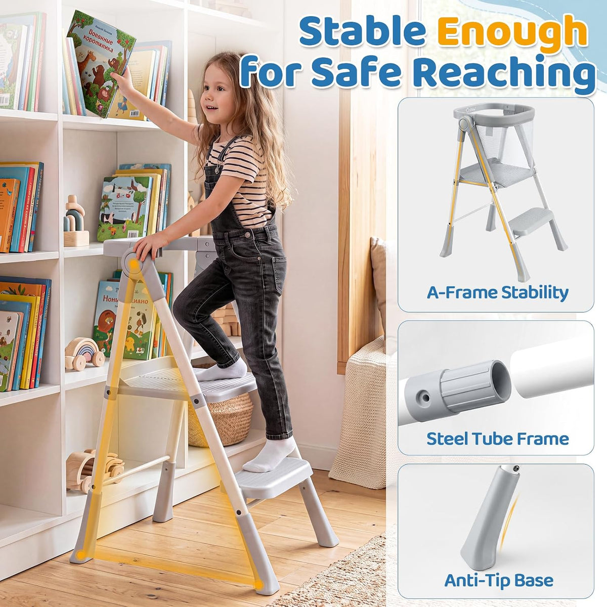 Orzbow Toddler Tower, Foldable Step Stool Kitchen Helper, Safety Rail & Net