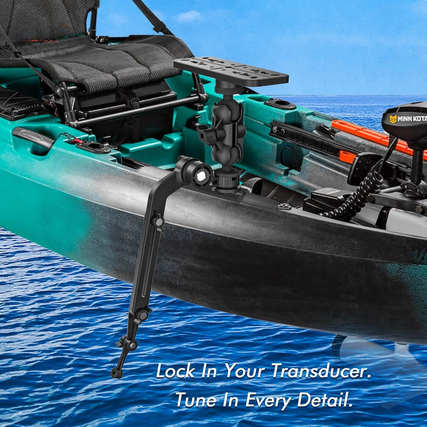 EDSRDPLT Universal Kayak Fish Finder Mount with Transducer Arm Adjustable 9–14” Tool-Free Rail Installation – Fish Finder Bracket for Kayaks, SUPs & Small Boats