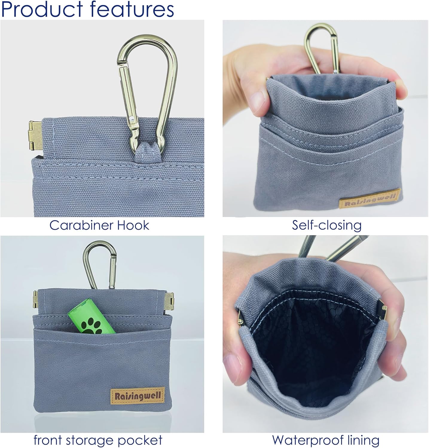 Raisingwell Dog Treat Pouch, Black Pocket Sized Pet Training Pouch, Cotton Fabric, Hand Free Dog Walking Bag with Carabiner, Self-Closing Pet Feed Snack Reward, for Pet Puppy Travel or Outdoor Use