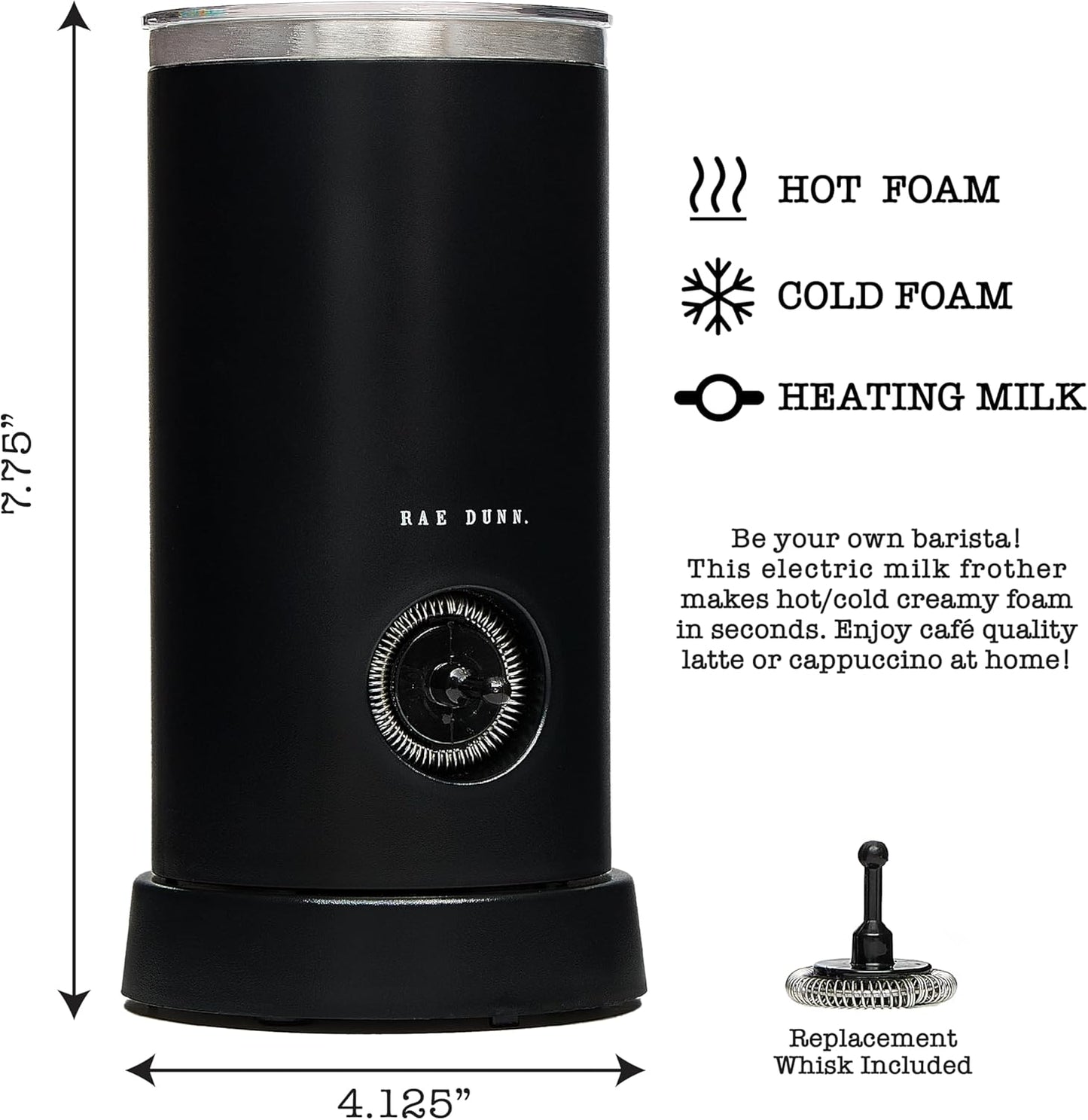 Rae Dunn - Electric Milk Frother - Elegant Automatic Milk Steamer and Frother, Milk Warmer, Hot and Cold Frothing Machine for Coffee, Latte, Cappuccino, Macchiato,