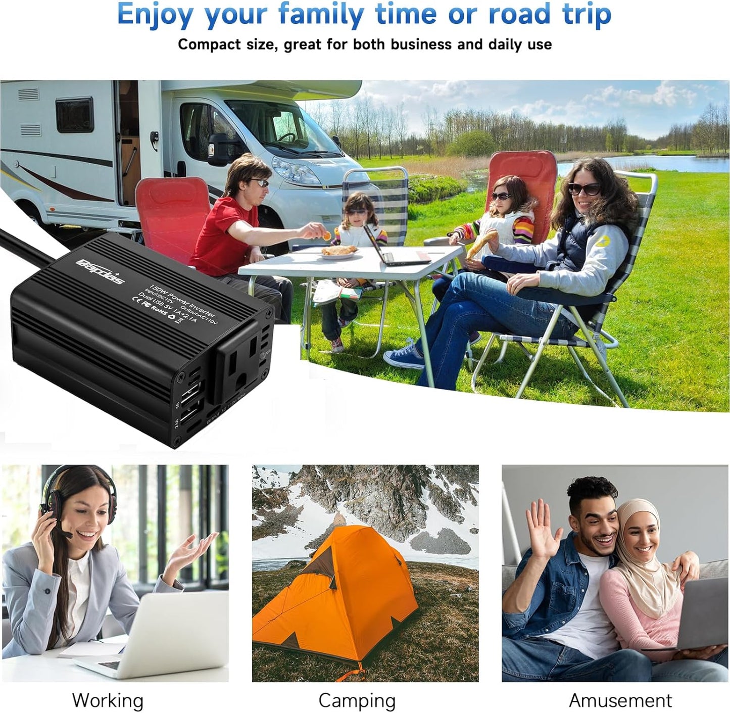 Bapdas 150W Car Power Inverter with 1 DC 12V to 110V AC Outlet Converter and 2 USB Ports Auto Charger Adapter for Laptops and Smartphones-Black