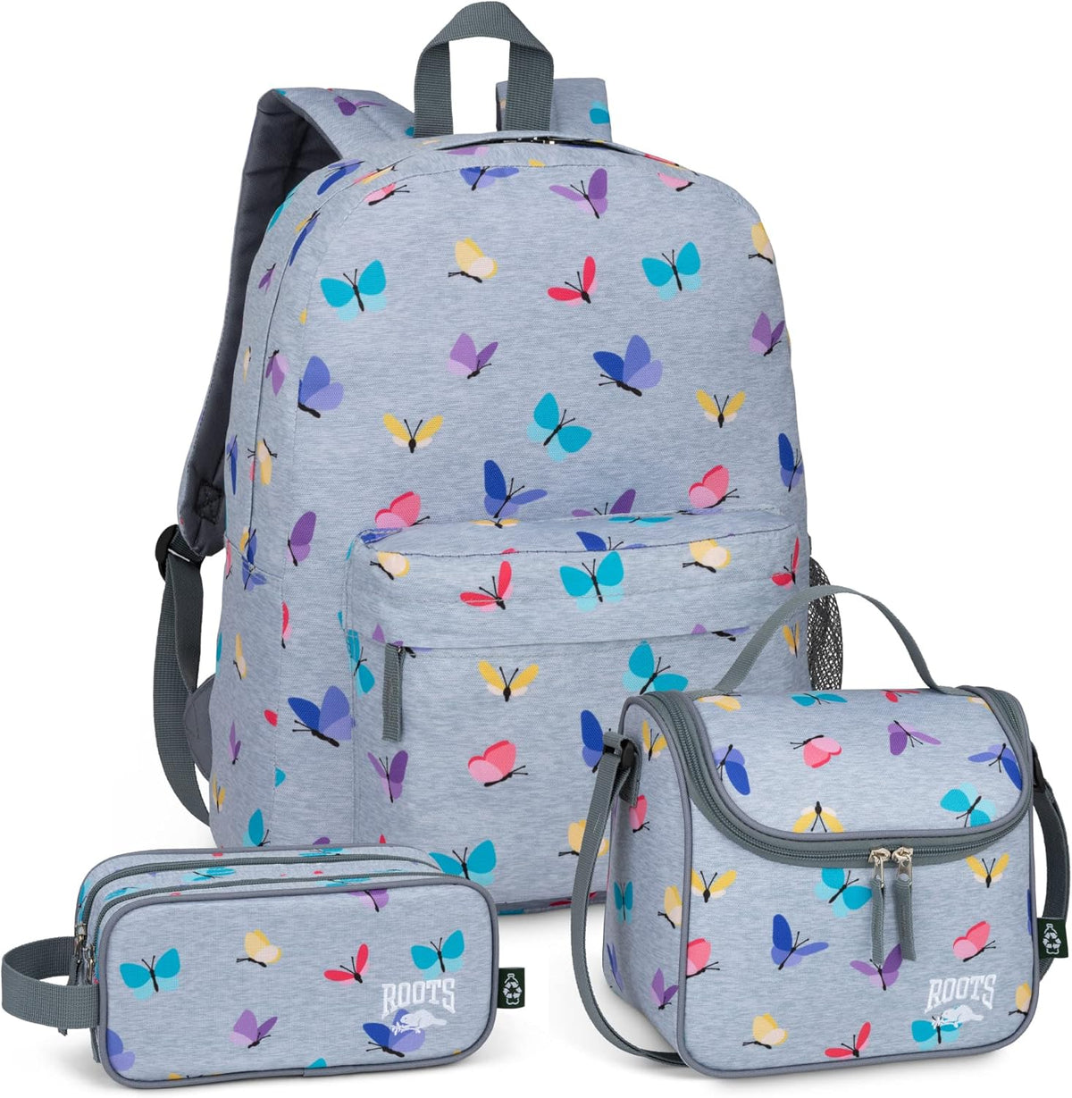 Roots Essential 3-in-1 Matching Water Resistant Kids Backpack and Lunch Bag Set with Bonus Pencil Case - Made From 100% Recycled Fabrics - 22.5 litres, Purple Pink Polka Dot - PuriLite