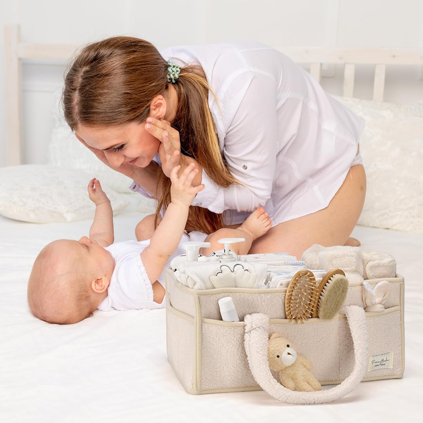 PeraBella Baby Diaper Caddy Organizer, Baby Organizers and Storage for Changing Table, Babies Shower Gift Basket for Boy &Girl, Nursery Essentials Car Caddy Organizer with Handle, White Diaper Basket