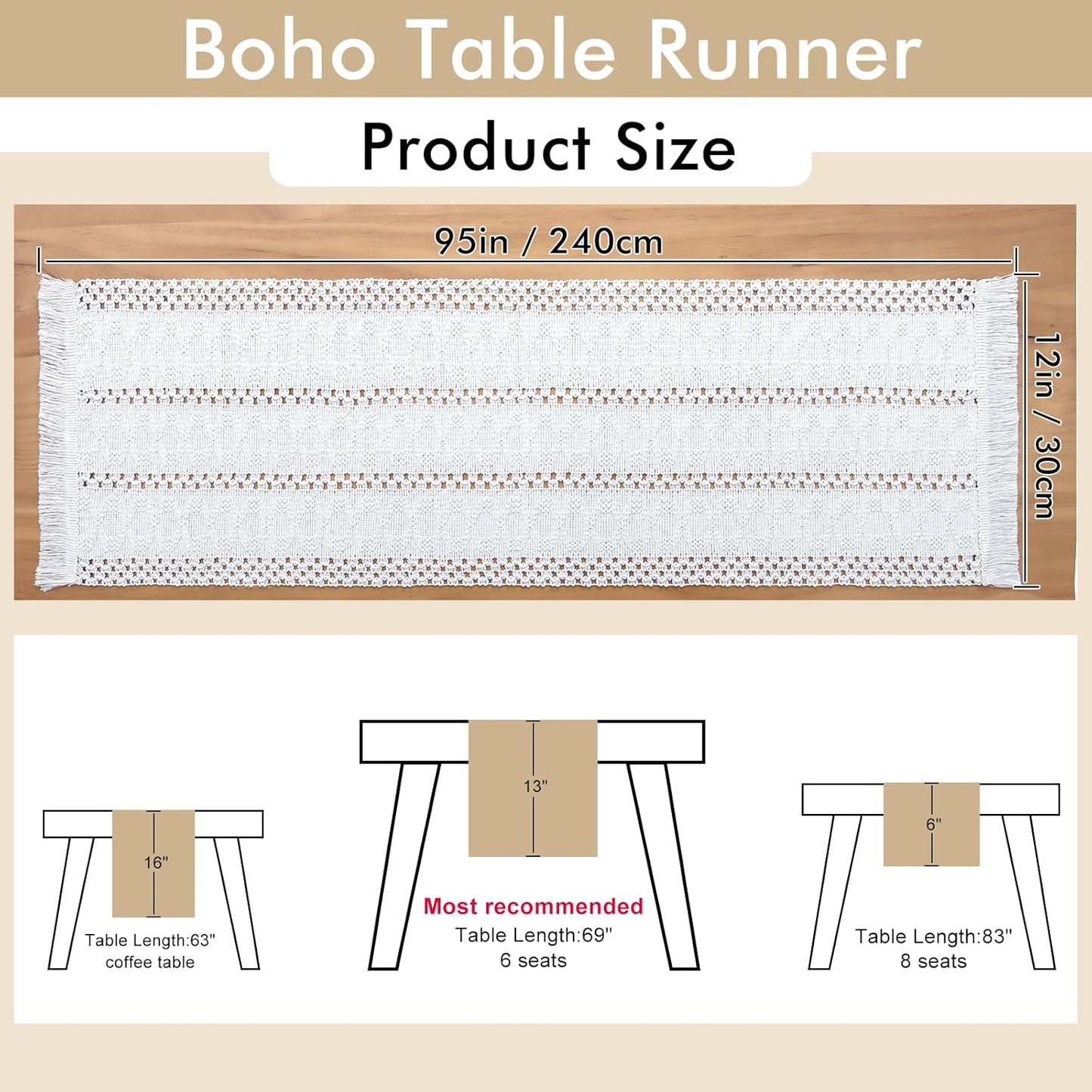 Alynsehom Macrame Table Runner Cream Beige Boho Table Runners with Tassels Hand Woven Cotton Table Runner Rustic Farmhouse Table Runners for Bohemian Kitchen Dining Table(12x95in)