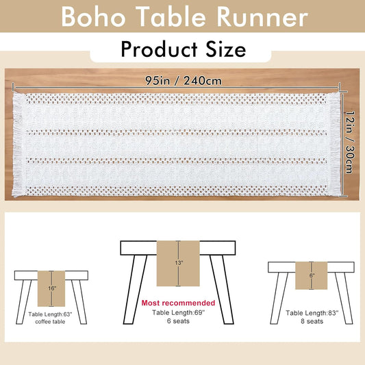 Alynsehom Macrame Table Runner Cream Beige Boho Table Runners with Tassels Hand Woven Cotton Table Runner Rustic Farmhouse Table Runners for Bohemian Kitchen Dining Table(12x95in)