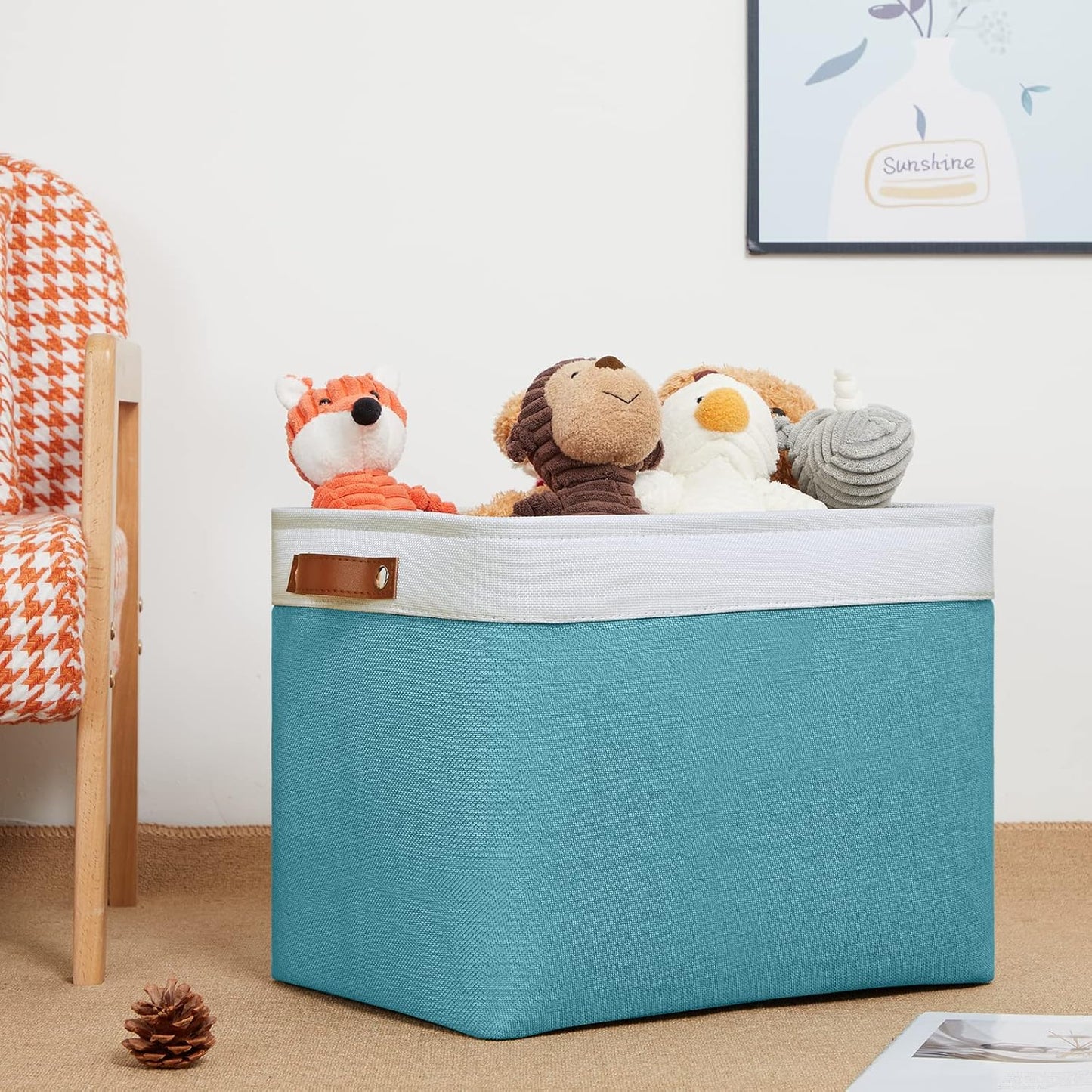 DULLEMELO Storage Baskets for Shelves, Fabric Collapsible Rectangular Storage Bins for Shelves, Closets, Nursery, Home, Office, Empty Gift Baskets (White&Teal)