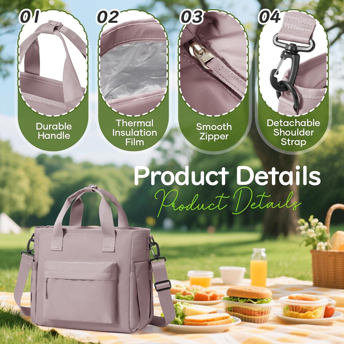 Lunch Bag Insulated Lunch Box Leakproof Lunch Tote Bags for Women Men,Portable Thermal Cooler Bag Lunch Containers with Shoulder Strap for Work, Family, Picnic, School, Outdoor,BBQ C2-Pinkpurple