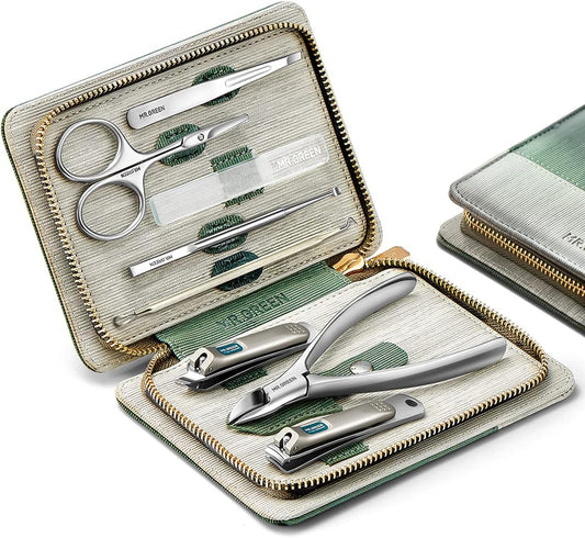 Manicure Set 8 in 1,Professional Pedicure kit,Stainless Steel Manicure Kit,Portable Travel Grooming Kit Nail Care Tools,Nail Clippers Pedicure Tools with Leather Travel Case (green)