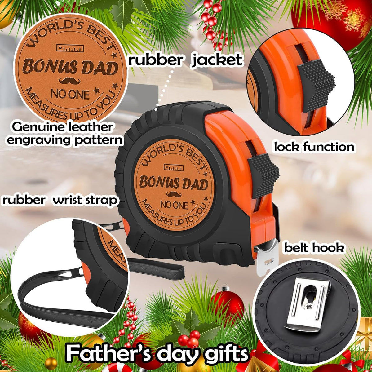Genuine Leather Engraved 25 FT Tape Measure – Bonus Dad & Step Dad Gift – Stocking Stuffer Tool for Men with “No One Measures Up to You” Message - PuriLite