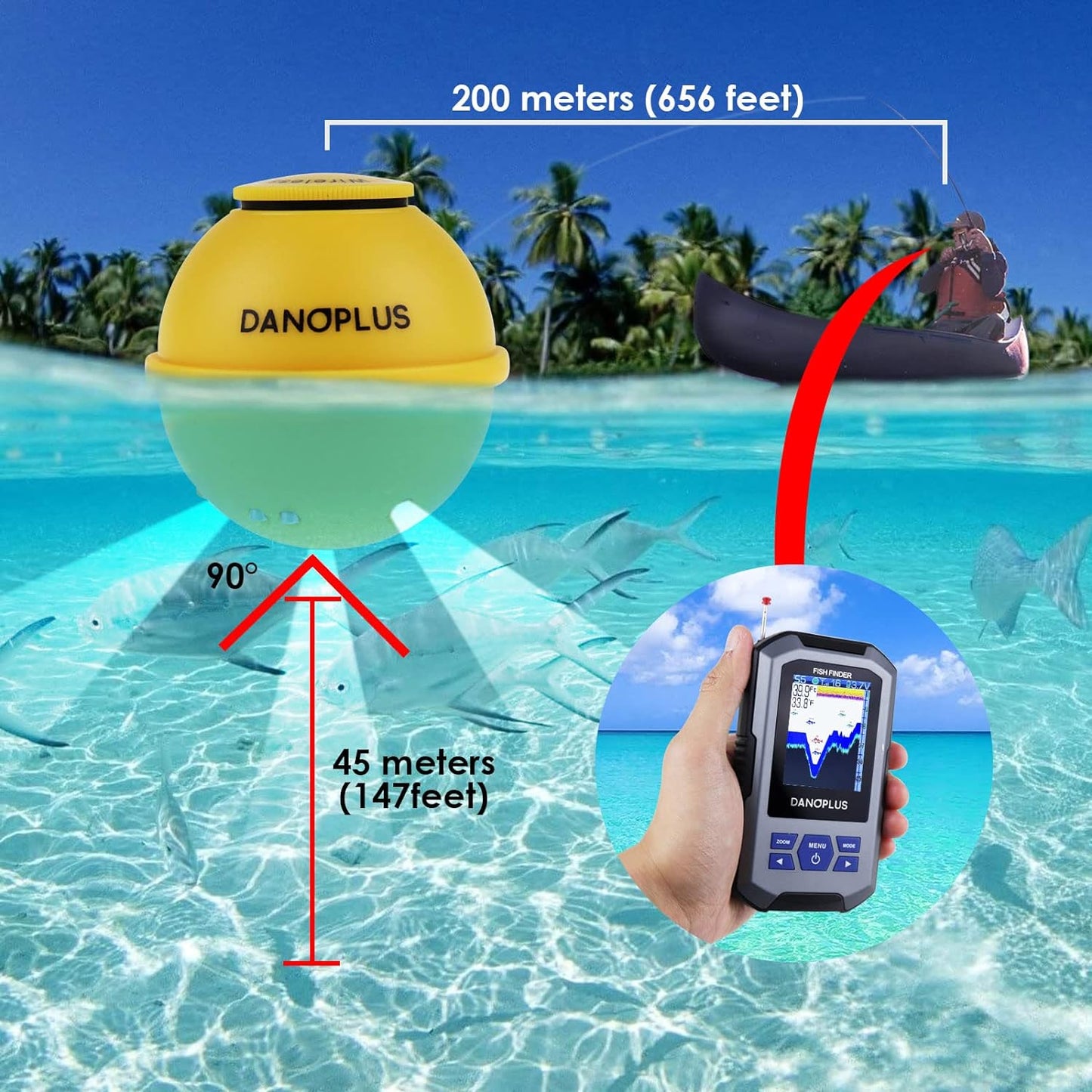 Wireless Fish Finder Portable Fishfinder Sonar Sensor 147feet Depth Detection Rechargeable Depth Finders Kayak Fishing Accessories for Sea Fishing, Ice Fishing, Boat Fishing