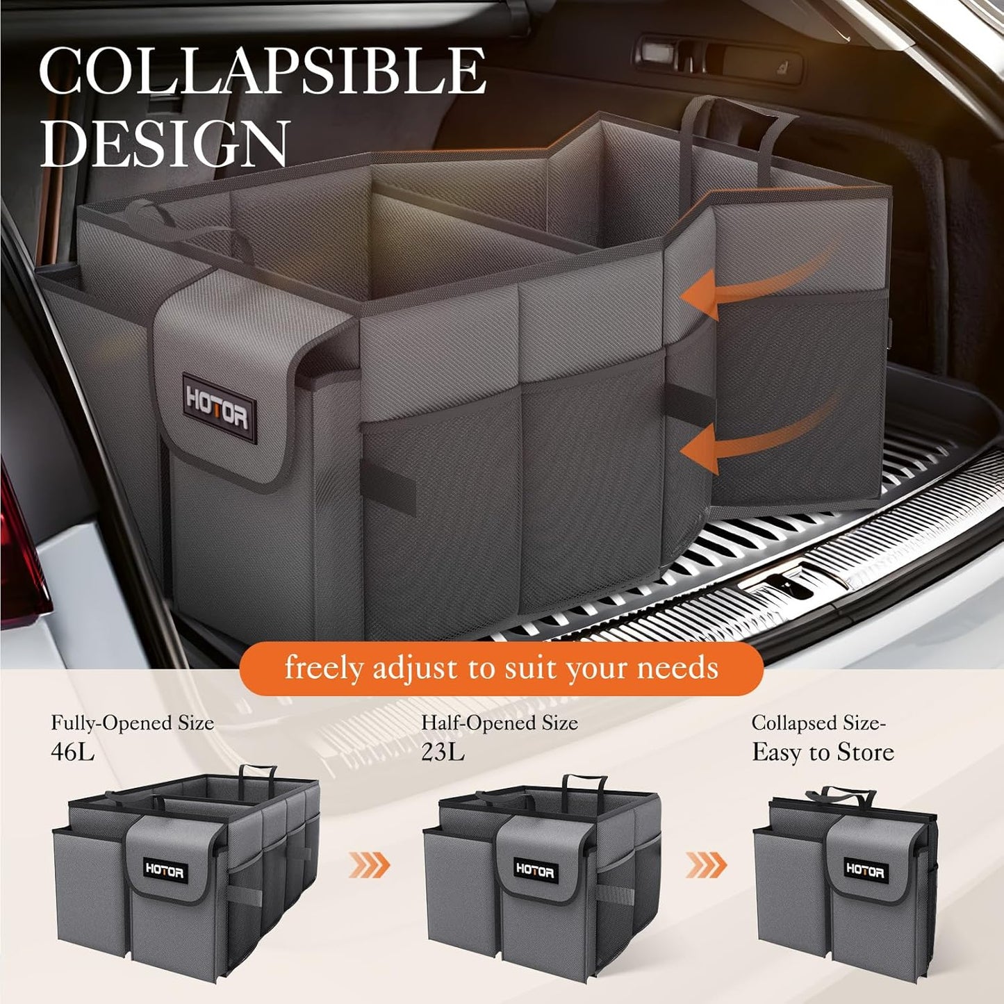 HOTOR Trunk Organizer - Car Organizer, Foldable Trunk organizer for SUVs & Sedans, Car Accessories, Tools, Sundries, 2 Compartments, Black
