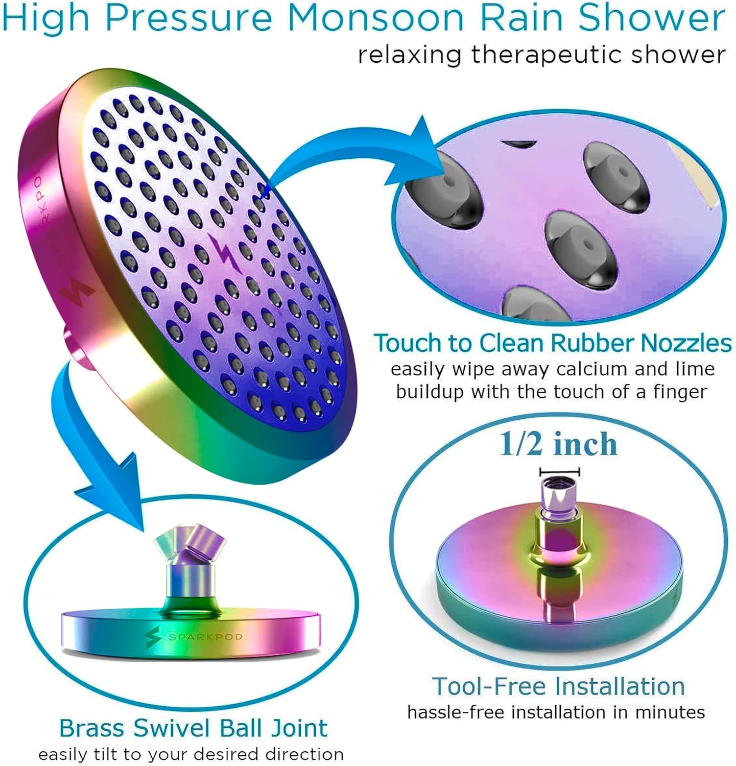 SparkPod Shower Head - High Pressure Rain - Premium Quality Luxury Design - 1-Min Install - Easy Clean Adjustable Replacement for Your Bathroom Shower Heads (Luxury Polished Chrome, 6 Inch Round)