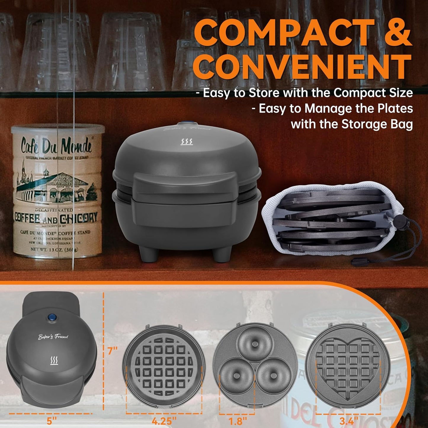 Baker's Friend 4 in 1 Mini Waffle Maker With Removable Plates - Pancake, Donut, Heart Shape and Small Waffle Maker Set - Recipe Included, Graphite