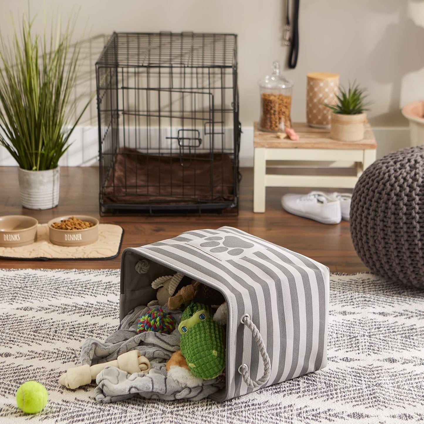 DII Bone Dry RoundSmall Pet Toy and Accessory Storage Bin, 12"(Dia) x9(H), Collapsible Organizer Storage Basket for Home Decor, Pet Toy, Blankets, Leashes and Food-Gray Stripes