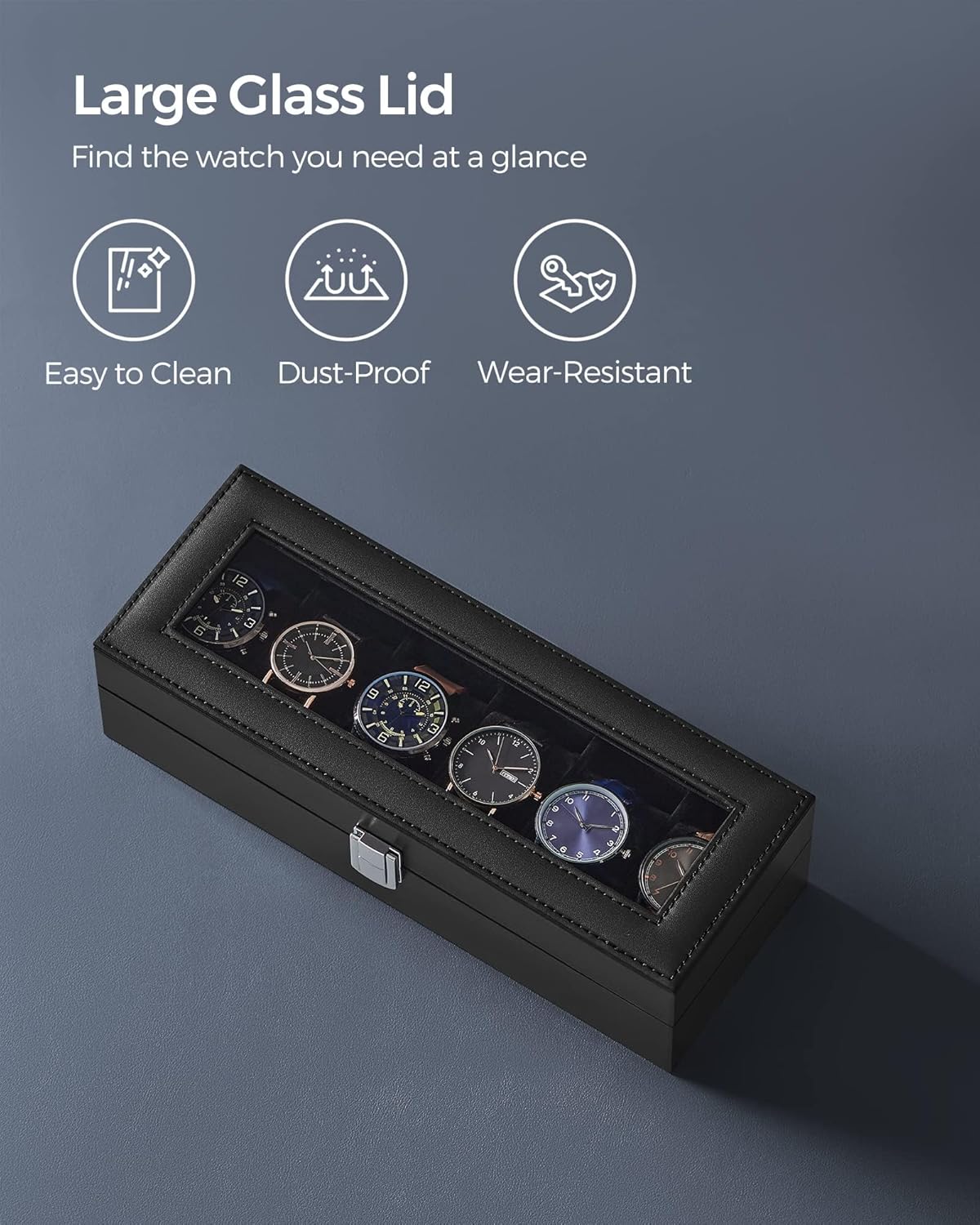 SONGMICS Watch Box, 6-Slot Watch Case, Watch Box Organizer, Black Synthetic Leather, Greenish Gray Lining UJWB06BK