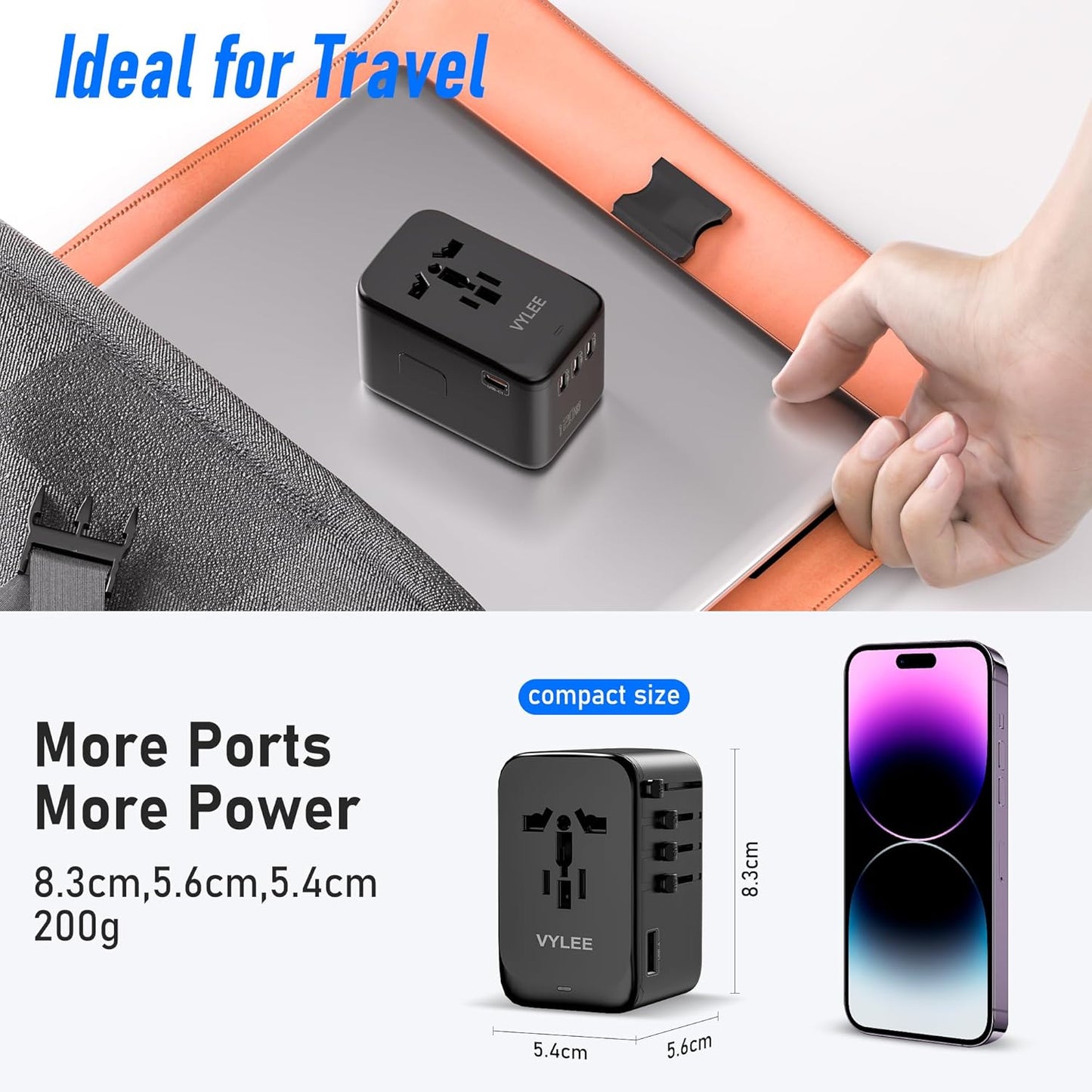 VYLEE Universal Travel Adapter, 65W Fast GaN International Power Adapter, 3PD USB-C+1QC USB-A European Travel Plug Adapter, US, UK, EU, AU Worldwide Travel Charger for Laptops, Tablets, Phones