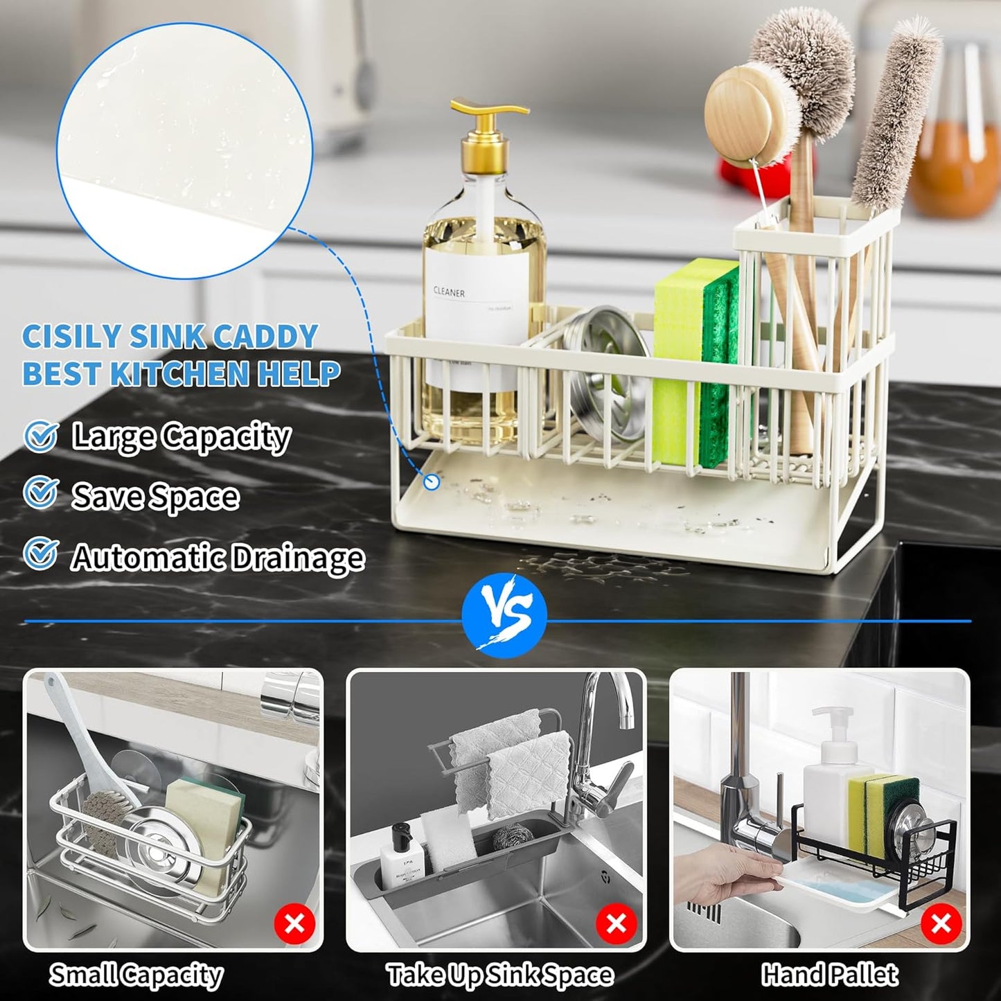 Cisily Kitchen Sink Caddy Organzier with High Brush Holder, Sponge Holder for Sink, 304 Rustproof Stainless, Kitchen Countertop Soap Dispenser Organizer, Kitchen Decor and Accessories (Black)