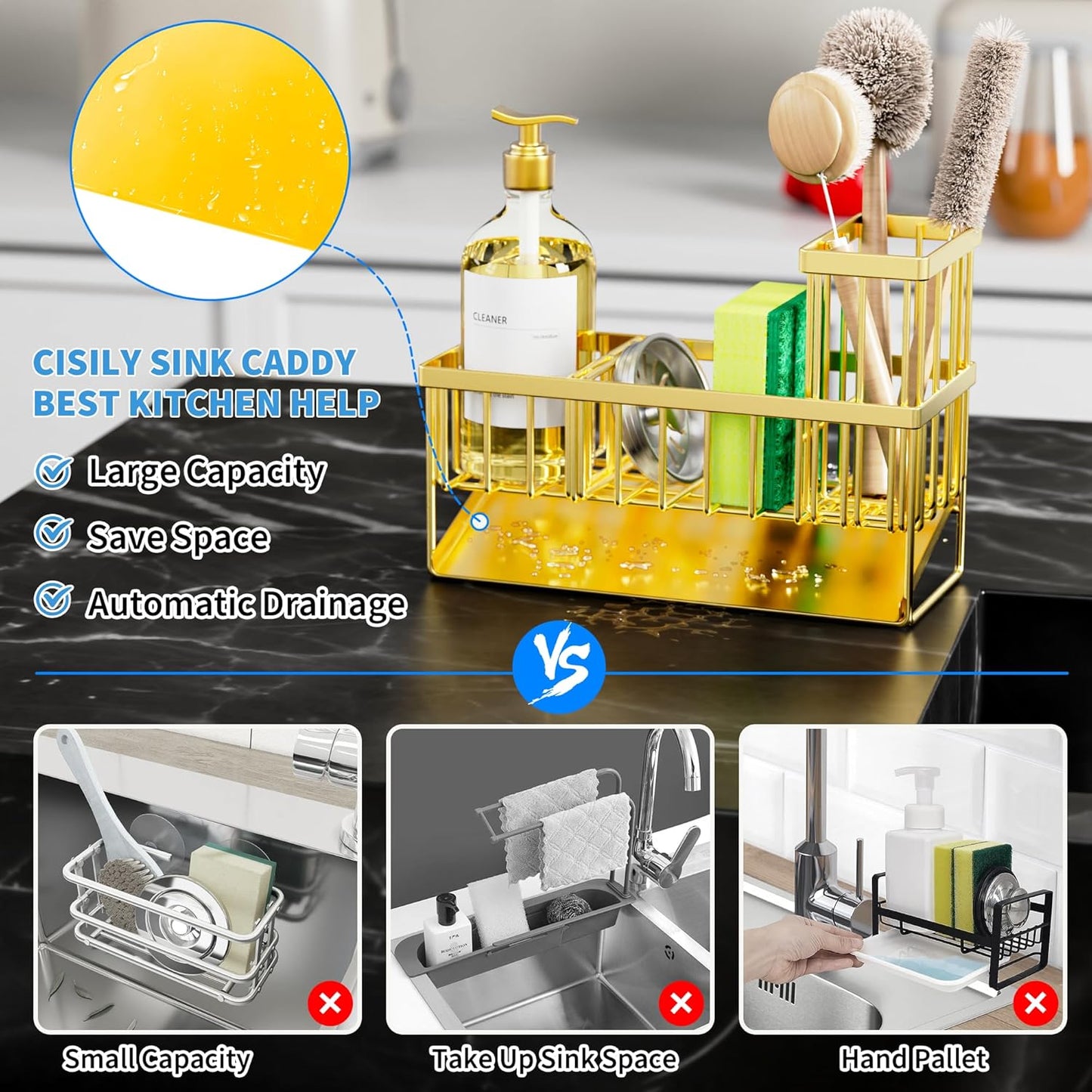 Cisily Kitchen Sink Caddy Organzier with High Brush Holder, Sponge Holder for Sink, 304 Rustproof Stainless, Kitchen Countertop Soap Dispenser Organizer, Kitchen Decor and Accessories (Black)