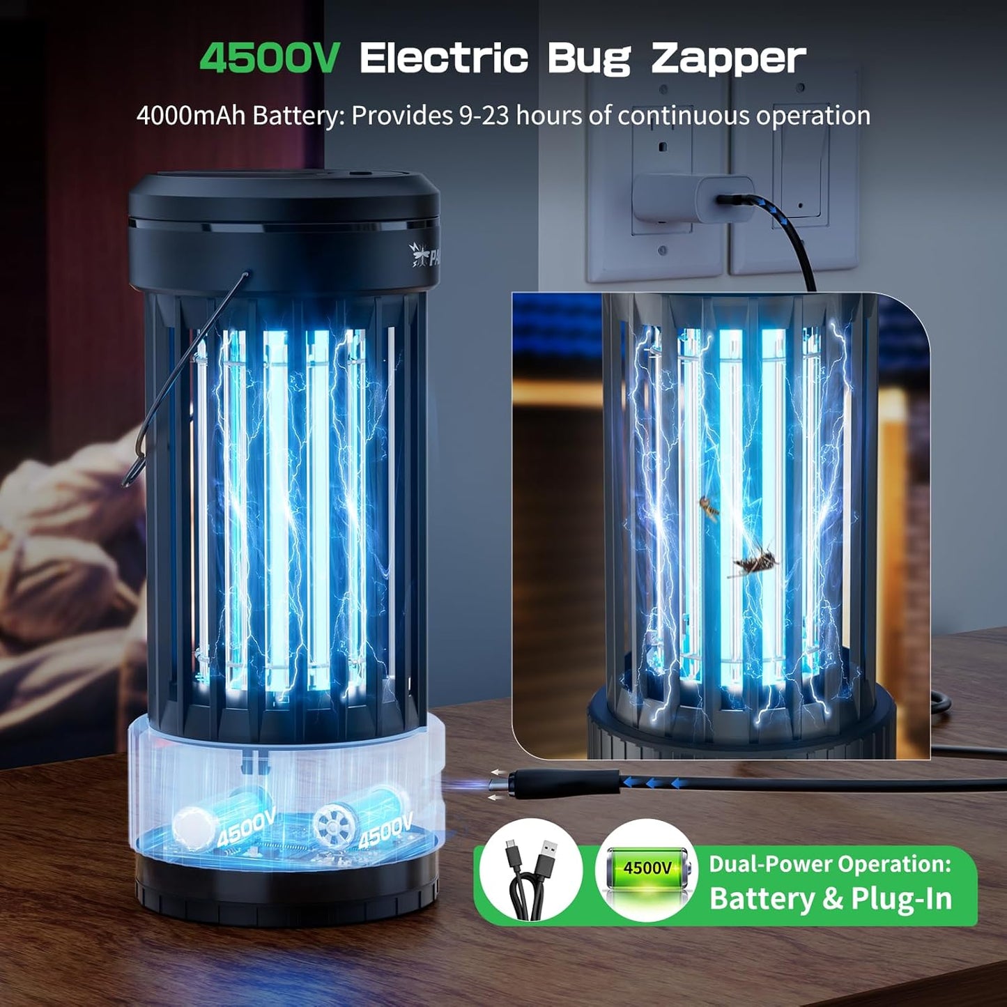 PALONE Bug Zapper, 4000mAh Electric Bug Zapper with LED Light, Retractable Fly Zapper with 3 Levels of Lighting Intensity Used for Indoor Outdoor