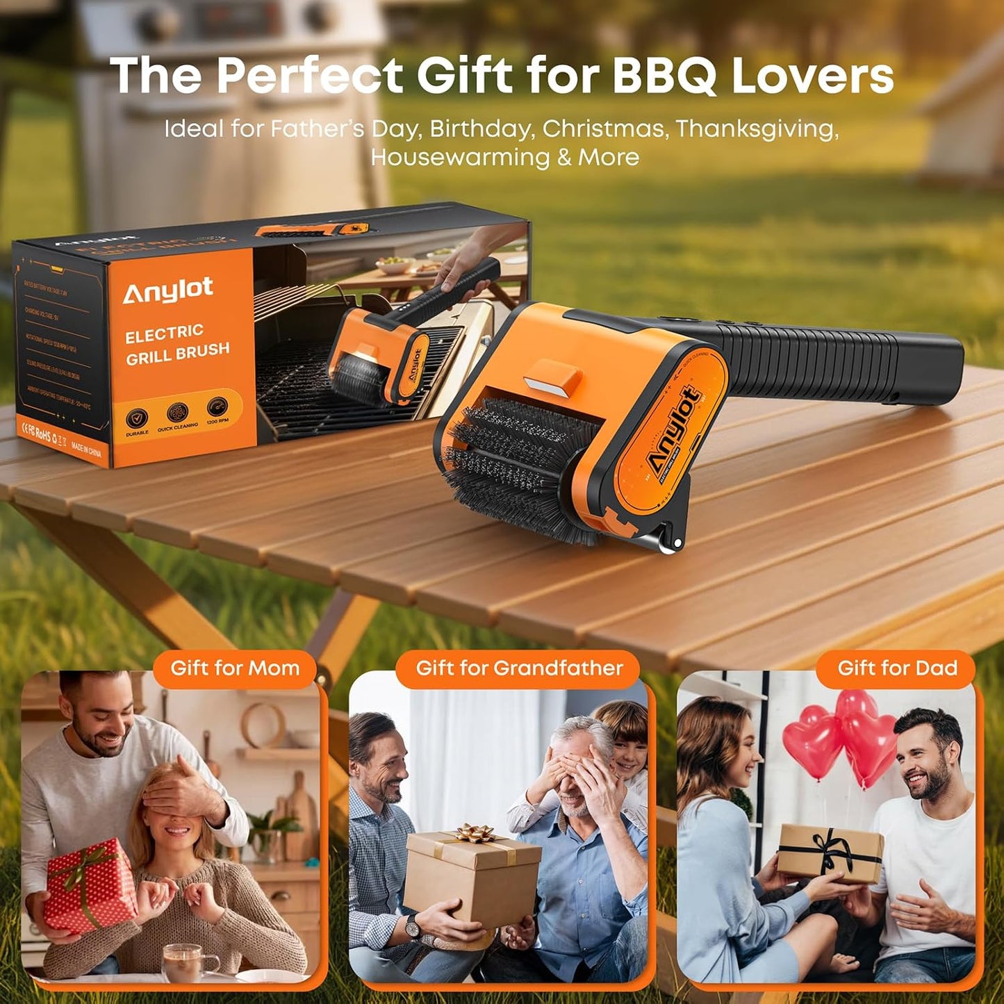 1500RPM Electric Grill Brush | Cordless Rechargeable BBQ Cleaner, 3 Speeds & 3 Heads, LED Light and Splash Guard – Fits Gas, Charcoal & Cast Iron Grates