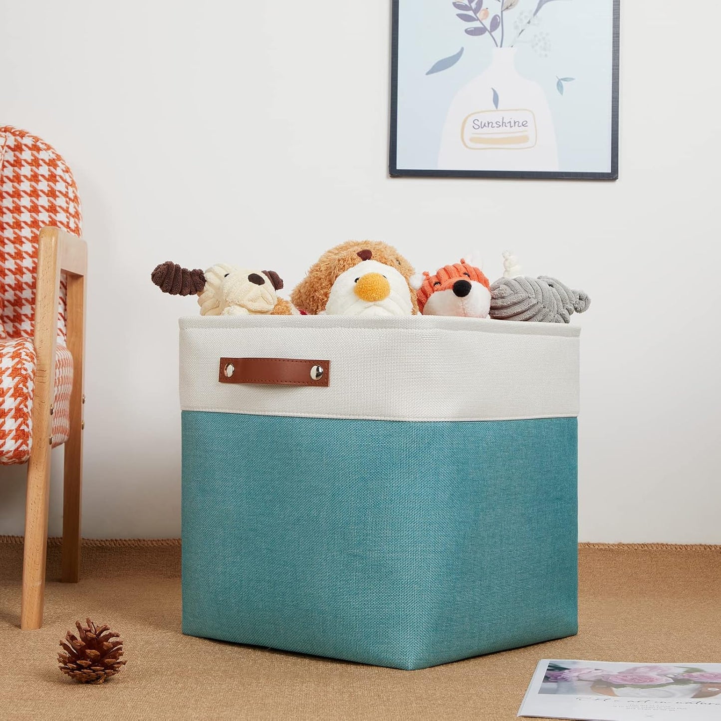 DULLEMELO Storage Baskets for Shelves, Fabric Collapsible Rectangular Storage Bins for Shelves, Closets, Nursery, Home, Office, Empty Gift Baskets (White&Teal)