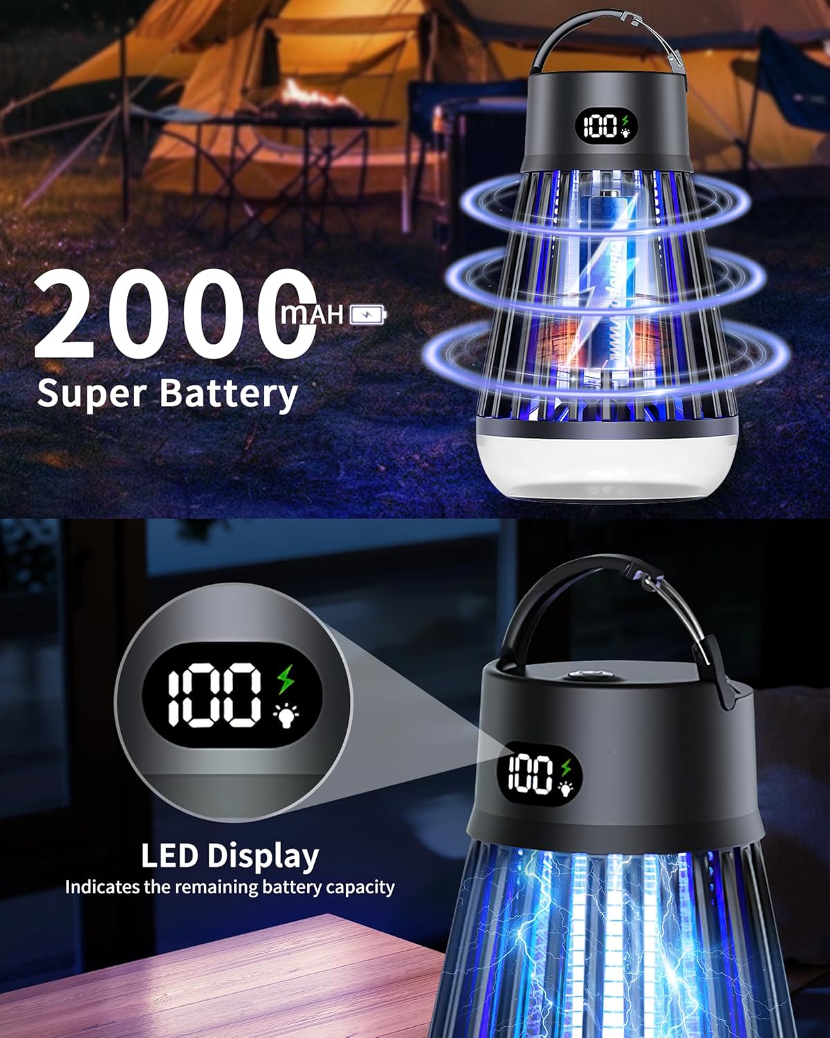 Eachway Bug Zapper Outdoor, 2 in 1 Powered Mosquito Zappers Killer with 2000mAh Battery & LED Light, 2000V Electric Fly Zapper, Waterproof Insect Zapper for Backyard, Patio (Black)