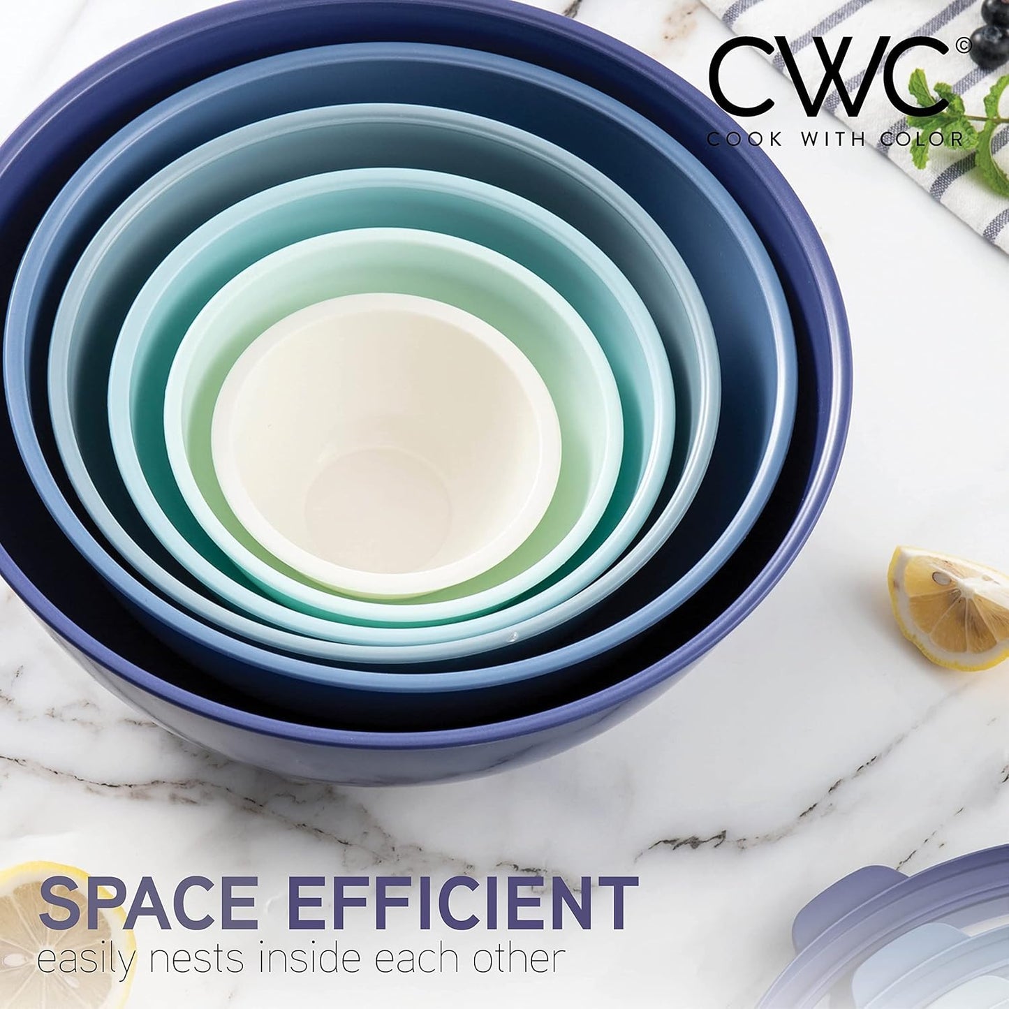 COOK WITH COLOR Mixing Bowls with TPR Lids - 12 Piece Plastic Nesting Bowls Set Includes 6 Prep Bowls and 6 Lids, Microwave Safe Mixing Bowl Set (Mint)