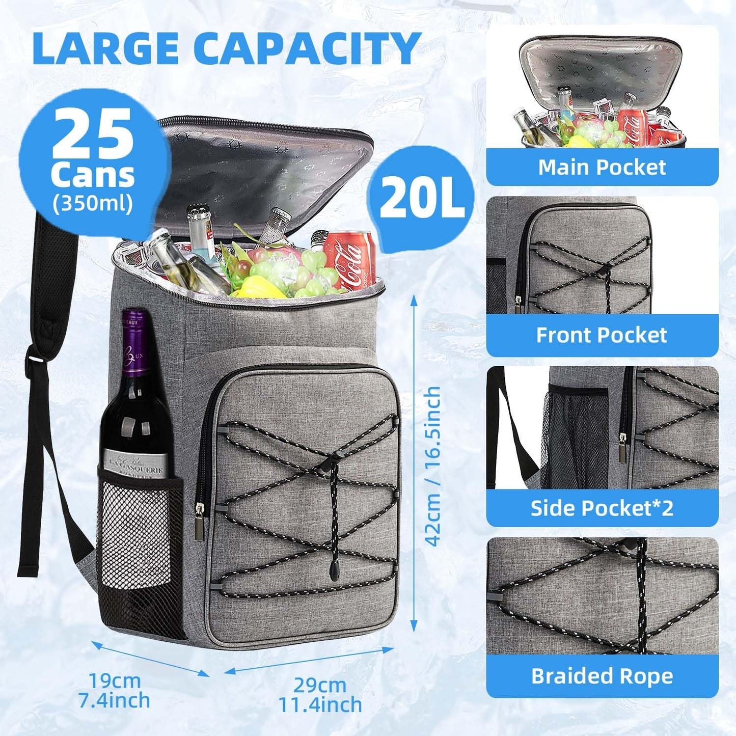 Bagtopia Camping Cooler Backpack 25 Cans, Leak Proof Insulated Thermal Bag, Beach Travel Picnic Lunch Backpack for Men Women