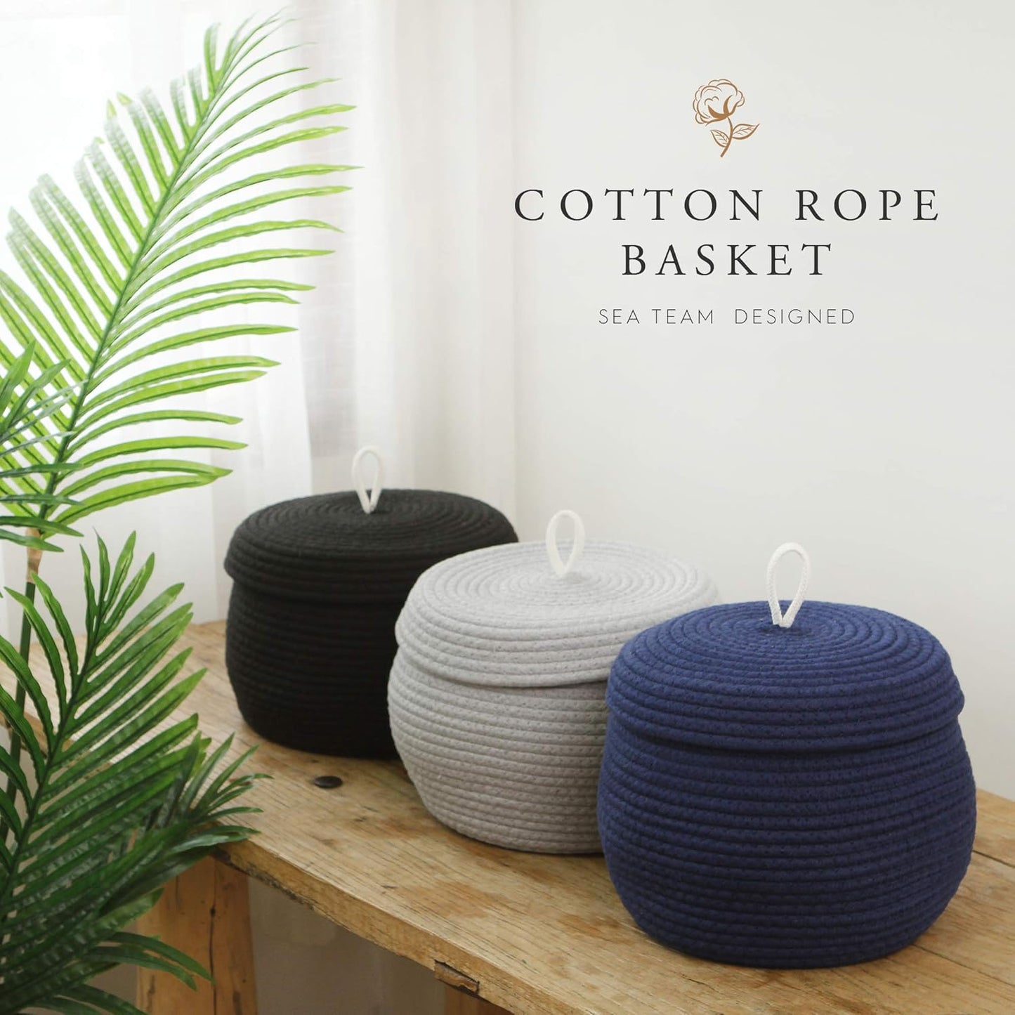 Sea Team Round Cotton Rope Storage Basket with Lid, Decorative Woven Storage Bin, Pot, Caddy, Organizer, Container for Snacks, Towels, Plants (Grey, Small)