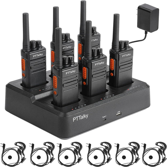 PTTalky FR1 Walkie Talkies with 6-Way Charger, Long Range Walkie Talkies, USB-C Charging, VOX, with Earpieces, 2 Way Radios for Business School Warehouse