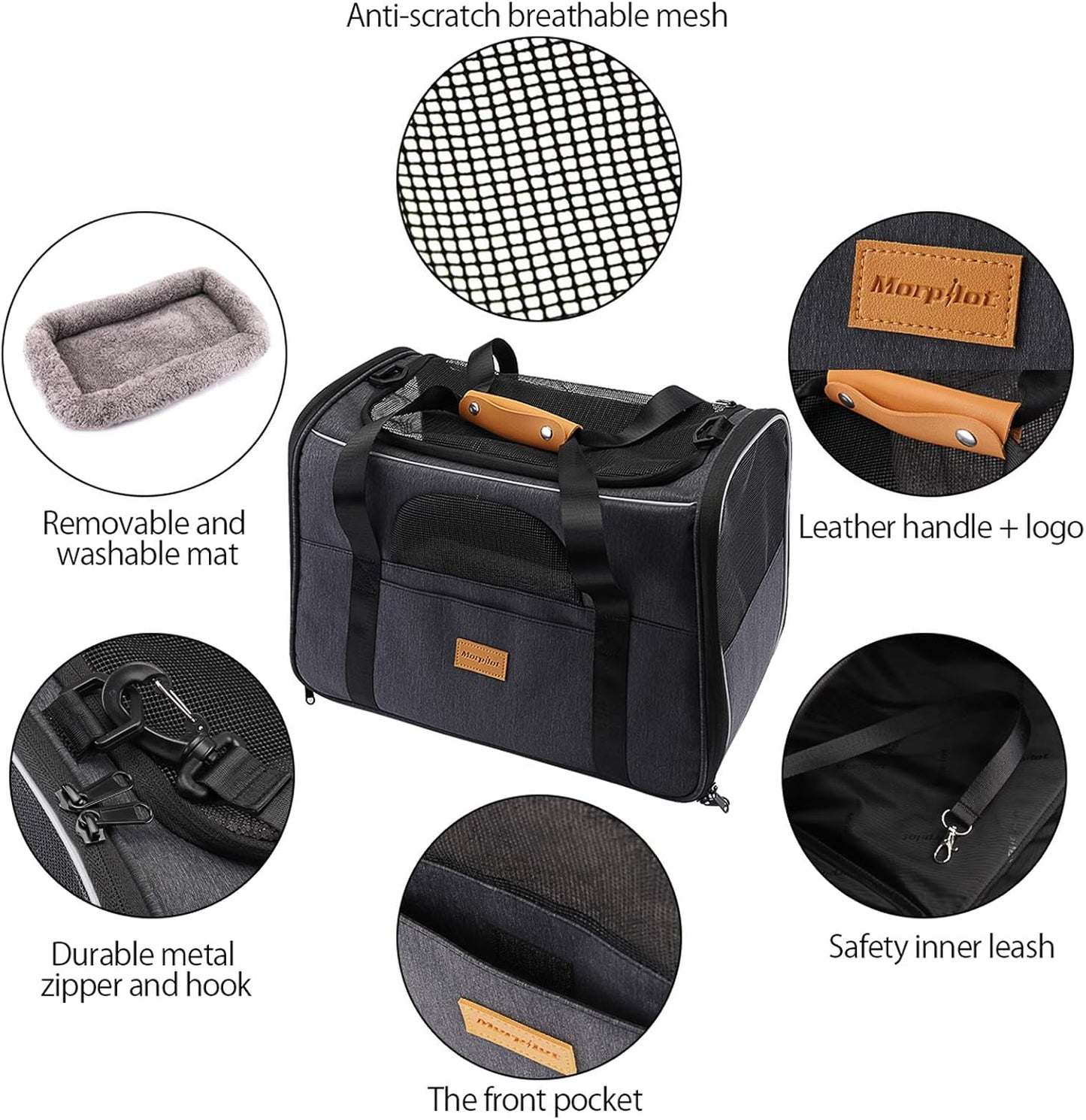 Morpilot Cat Carrier Soft - Portable Pet Carrier for Small or Medium Cats, Dogs and Puppy up to 14lbs, Airline Approved Dog Carrier with Safety Buckle - (Dark Gray)