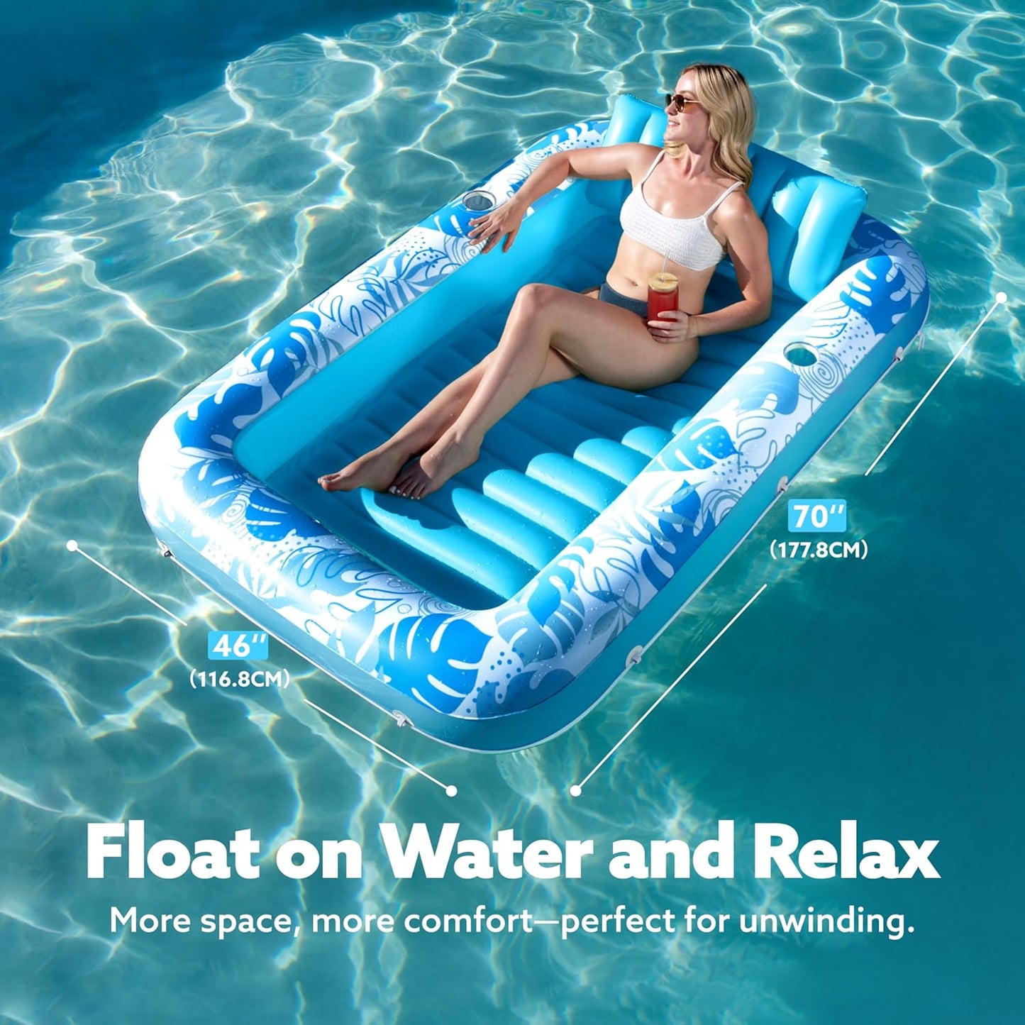 Sloosh Inflatable Tanning Pool Lounger Float-XL, 85" x 57" Extra Large Suntan Sun Tan tub for Adults, Bed Blow up, Raft Lounge Floatie, XL-Blue